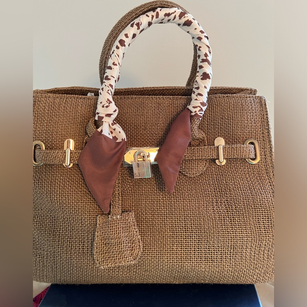 Linen handbag with scarf tied handles NWT